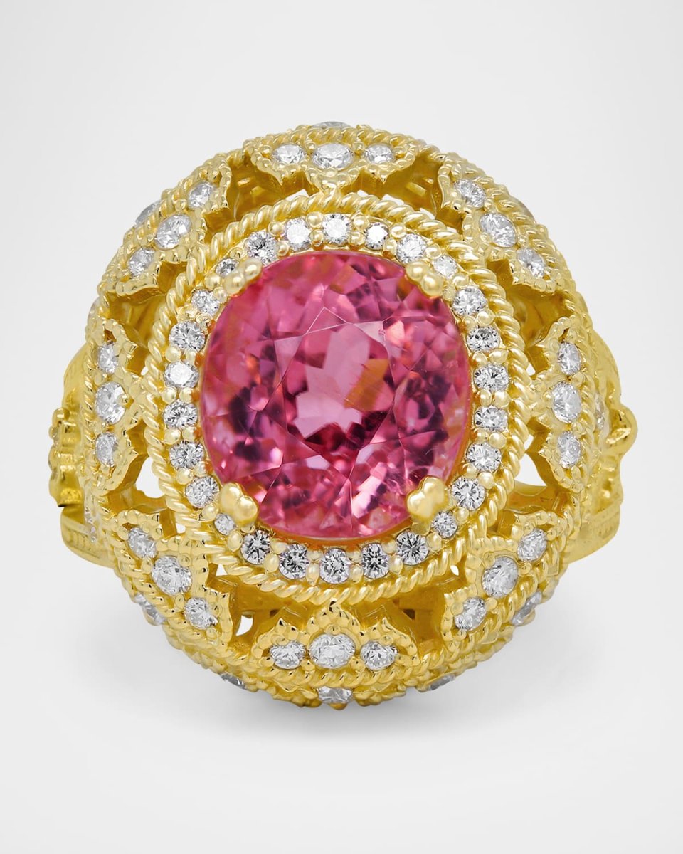 18K Yellow Gold Ring with White Diamonds and Rubellite Center